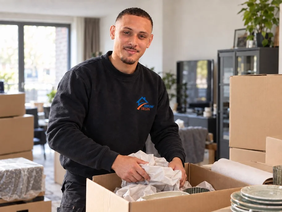 Verhuizer van Nieuw Begin pakt servies in papier in een verhuisdoos